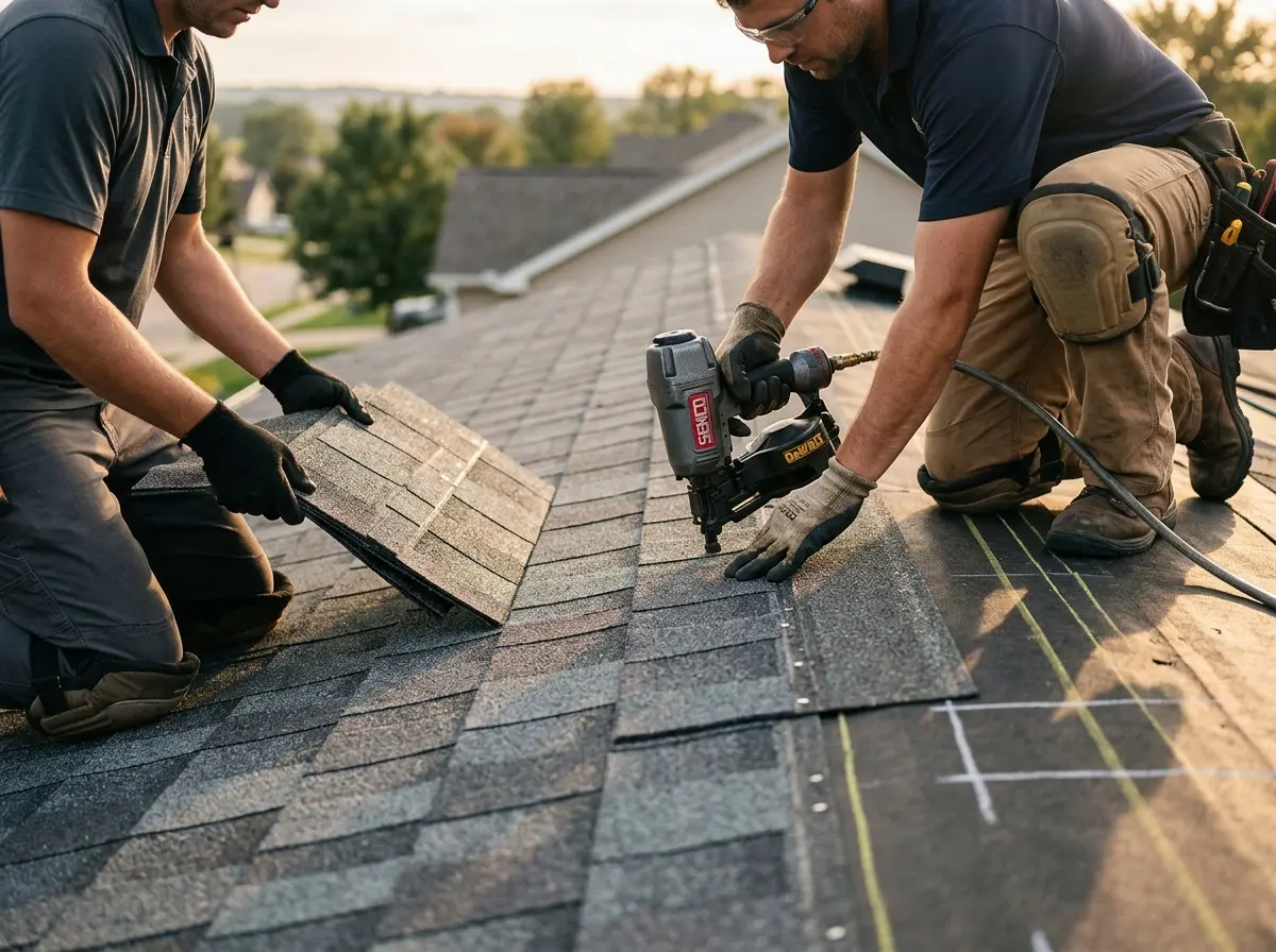 Professional roofer working on a residential roof in Prescott Valley